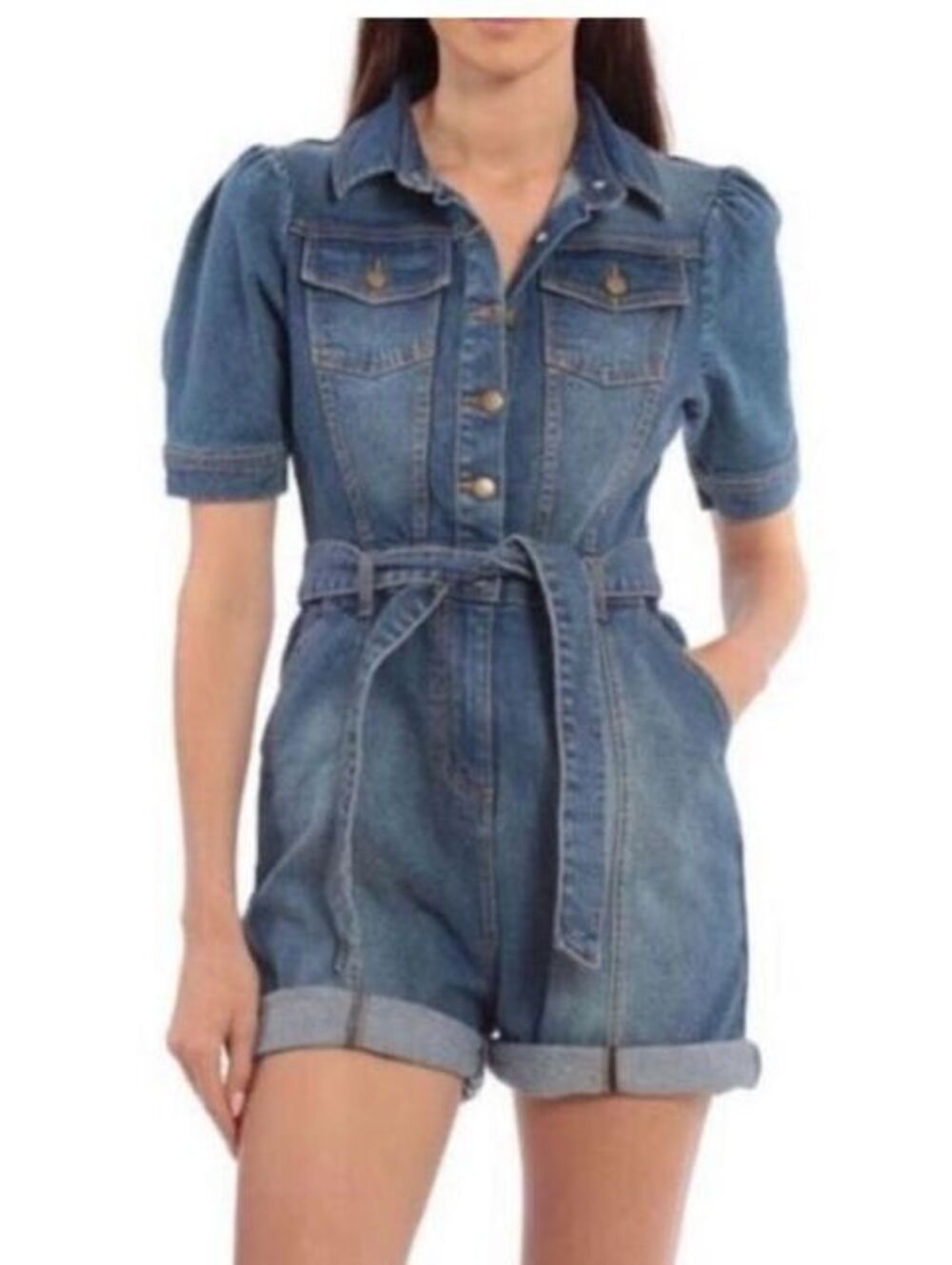 Avec Les Filles Denim Romper Puff Sleeve Belted Utility Playsuit Jumpsuit M
